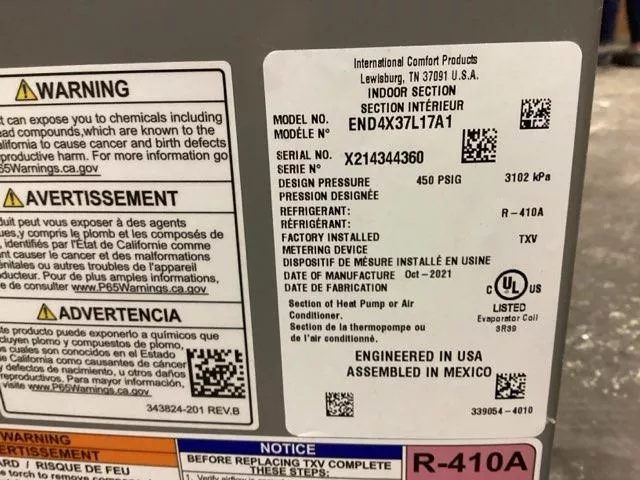 3 Ton AC/HP Upflow/Downflow Cased 'N' Coil; R-410A, CFM: 1350
