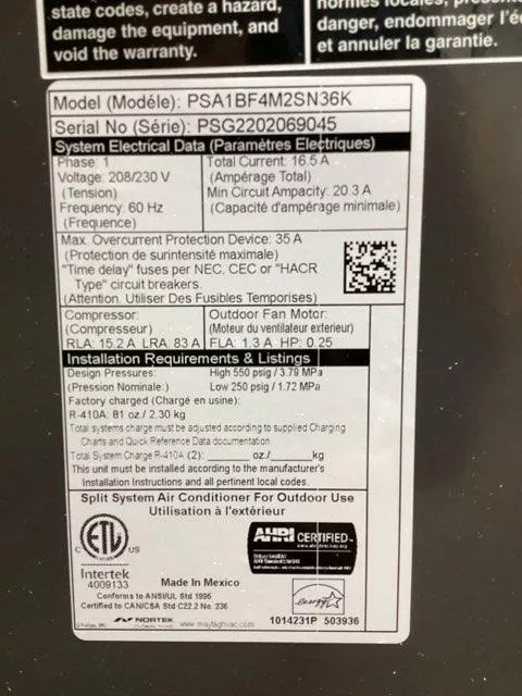 3 Ton Split System Air Conditioner 208-230/60/1, R410A, 16 SEER