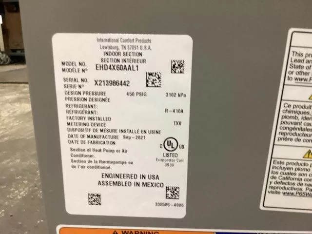 5 Ton AC/HP Horizontal Cased Flat Coil, R410A CFM 2000