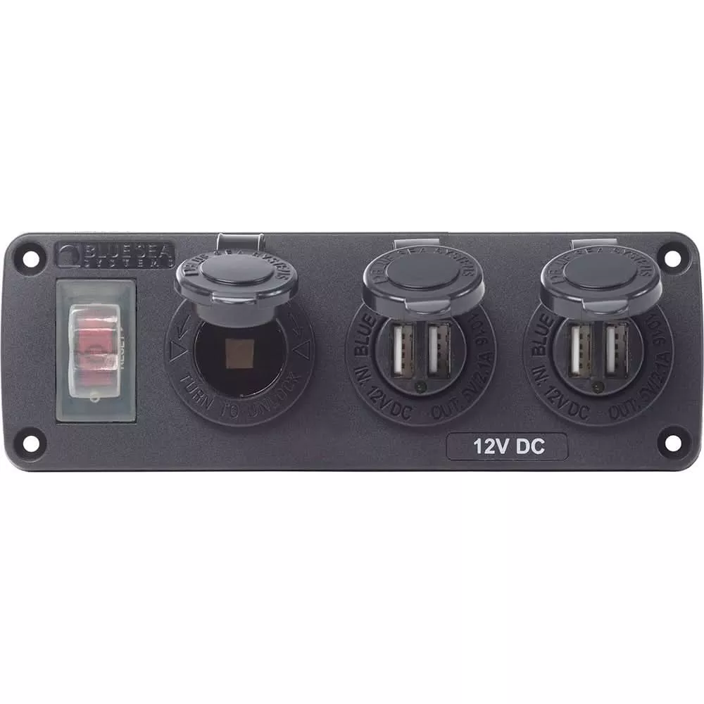 Blue Sea 4365 Water Resistant USB Accessory Panel 15A Circuit Breaker 12V Socket 2x 21A Dual USB Chargers 4365