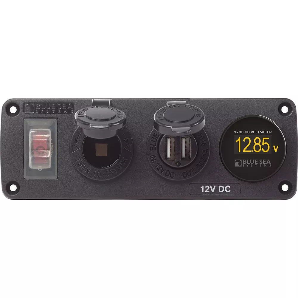 Blue Sea 4366 Water Resistant USB Accessory Panel Circuit Breaker 12V Socket Dual USB Charger Mini Voltmeter 4366
