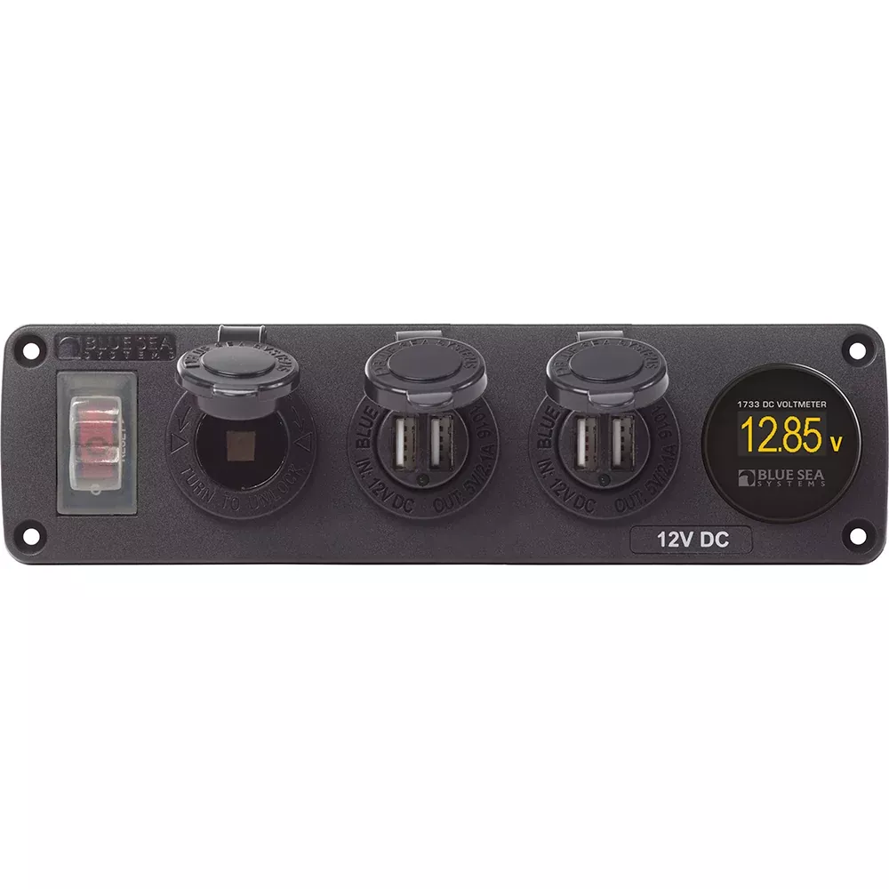 Blue Sea 4368 Water Resistant USB Accessory Panel 12V Socket 2x 21A Dual USB Chargers Mini Voltmeter 4368