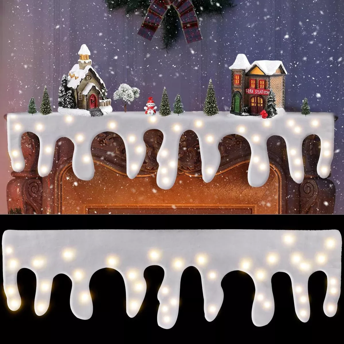 Christmas LED Fake Snow Blanket, Icicle Mantle Cover Battery Operated Artificial Snow Table Runner for Xmas Mantel Fireplace Decor, 59″ x 17″