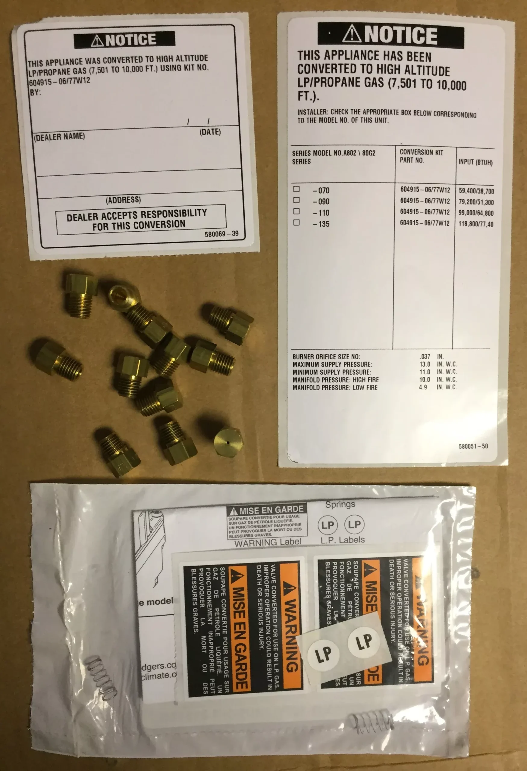 Propane High Altitude Conversion Kit