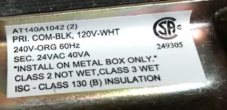 Transformer Primary 120/240, 60Hz, 24 VAC, 40 Va,